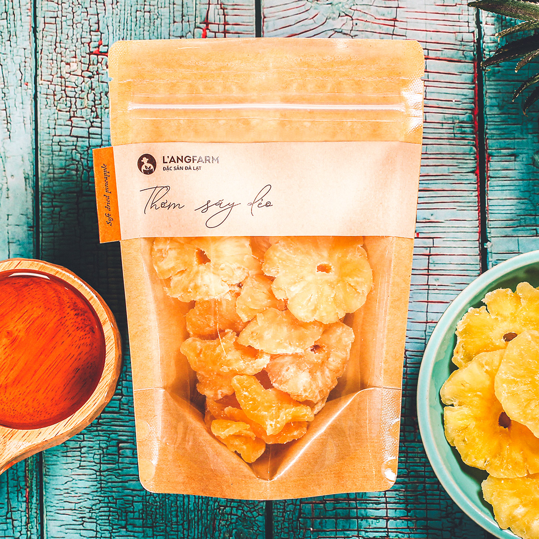 Thơm sấy dẻo Langfarm 225g bịch mẫu kraft 1 mặt trong