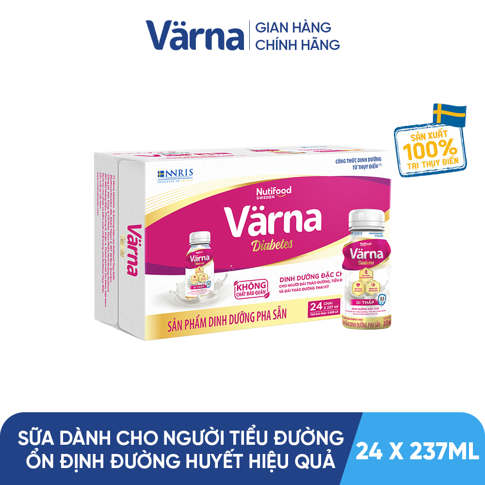 Thùng sữa bột pha sẵn Varna Diabetes - Ổn định đường huyết (GI = 269) (24 chai x 237ml) - Varna