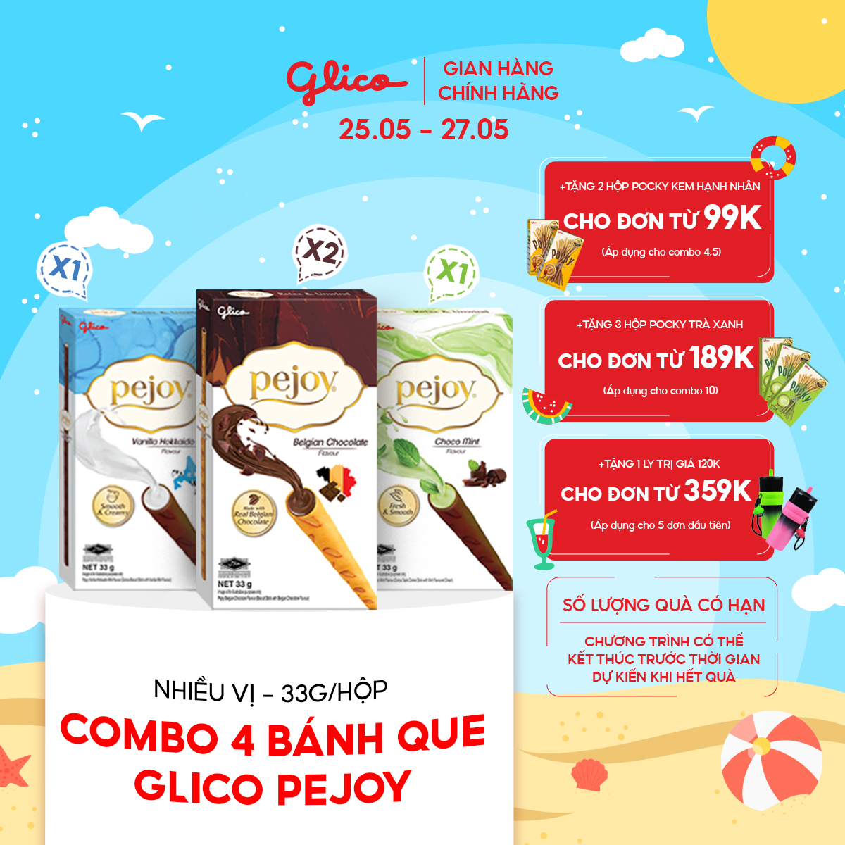 Combo 4 hộp Bánh que nhân kem mix vị GLICO Pejoy (2 Chocolate 1 Vanilla Hokkaido 1 Choco Mint)