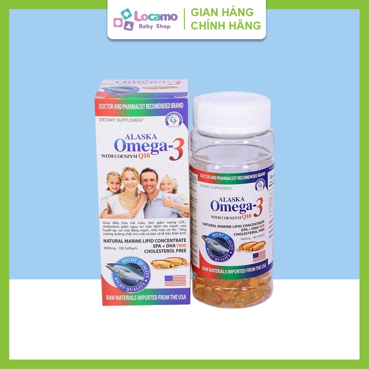 Dầu cá Alaska Omega 3 With Coenzim Q10 Bổ não Sáng mắt Khỏe tim mạch Hộp 100 Viên