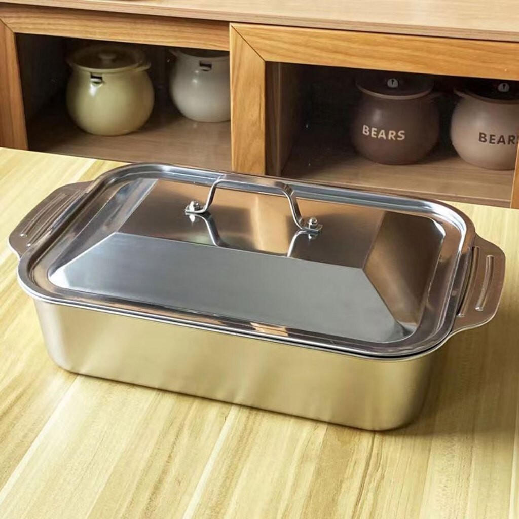 Khay Inox 304 có Nắp Đậy cao cấp Khay inox đa năng om cá nấu lẩu dùng cho mọi loại bếp