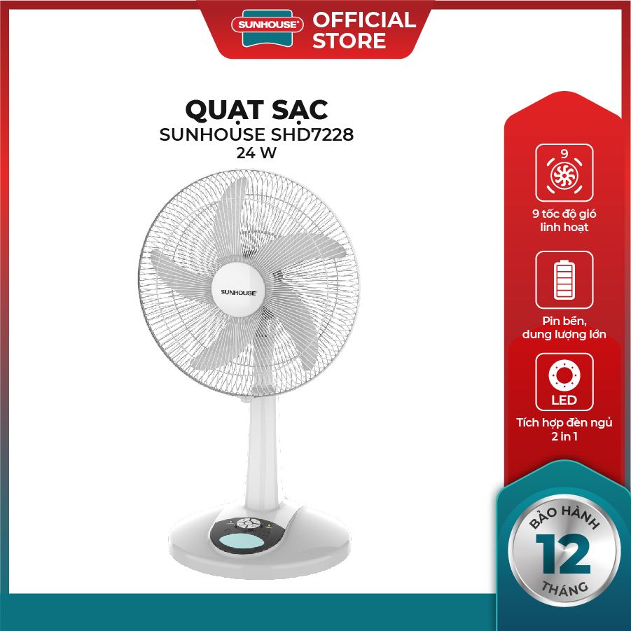 Quạt tích điện SUNHOUSE SHD7228 - Pin khỏe 9 tốc độ gió linh hoạt - Bảo hành 12 tháng