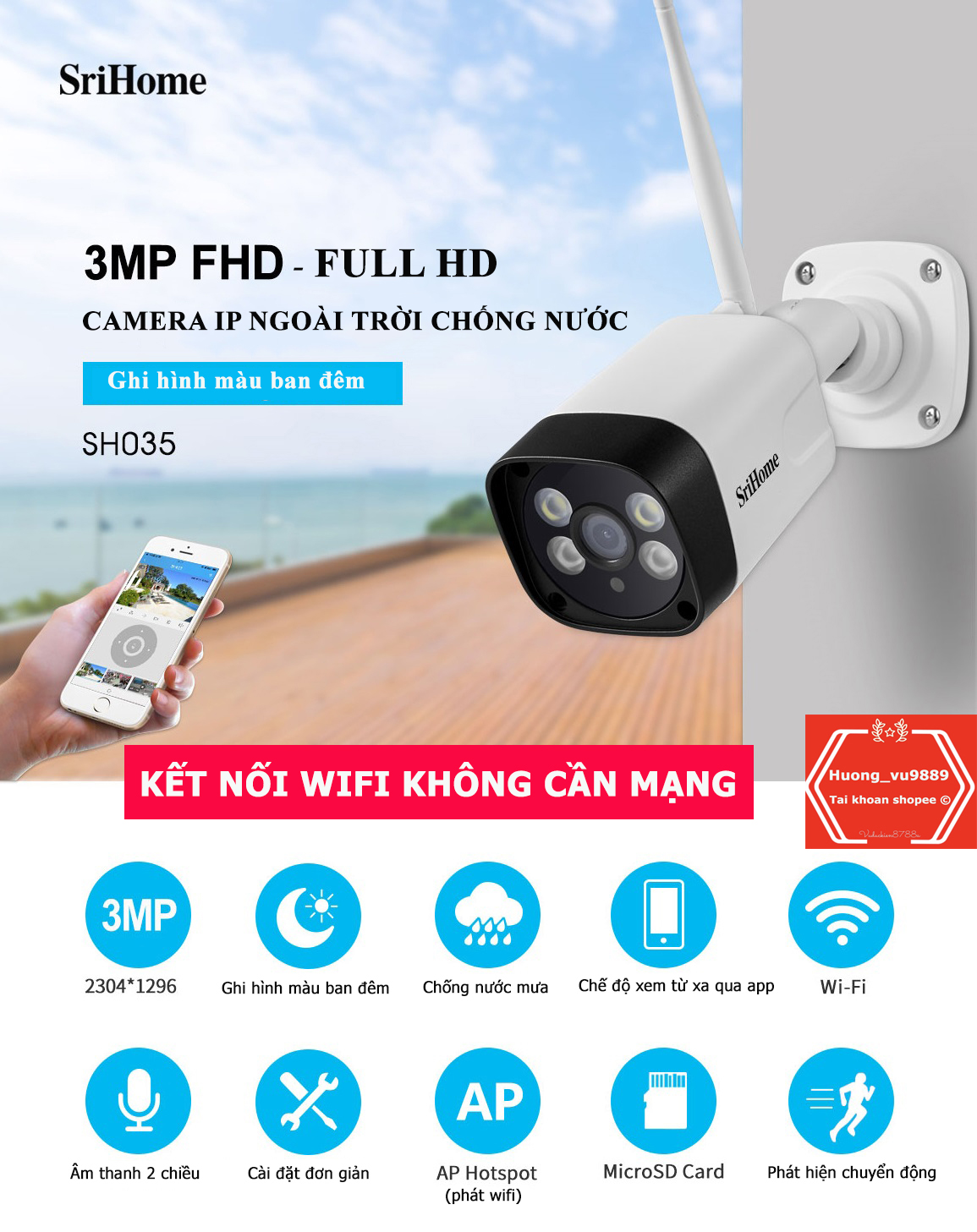 [Chính Hãng] Camera Wifi Ip SRIHOME 3.0 Model SH035 FUllHD 1296 MP - Camera Ngoài Trời Quay ĐêmChống nước Cảnh báo chuyển động - Thẻ Nhớ KLIJAa 16GB-32GB- 64GB Chuẩn Nhập Khẩu