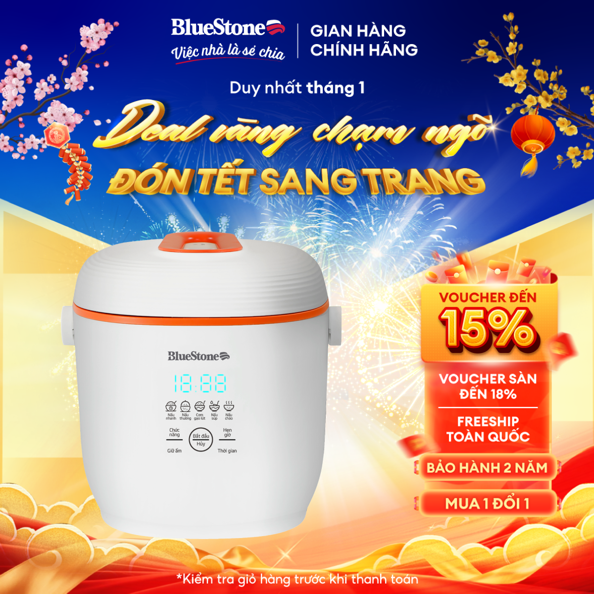 Nồi Cơm Điện Tử BlueStone RCB-5928 - 0.6 Lít - 350W - Điều Khiển Cảm Ứng - Hẹn Giờ - Giữ Ấm - Lòng N