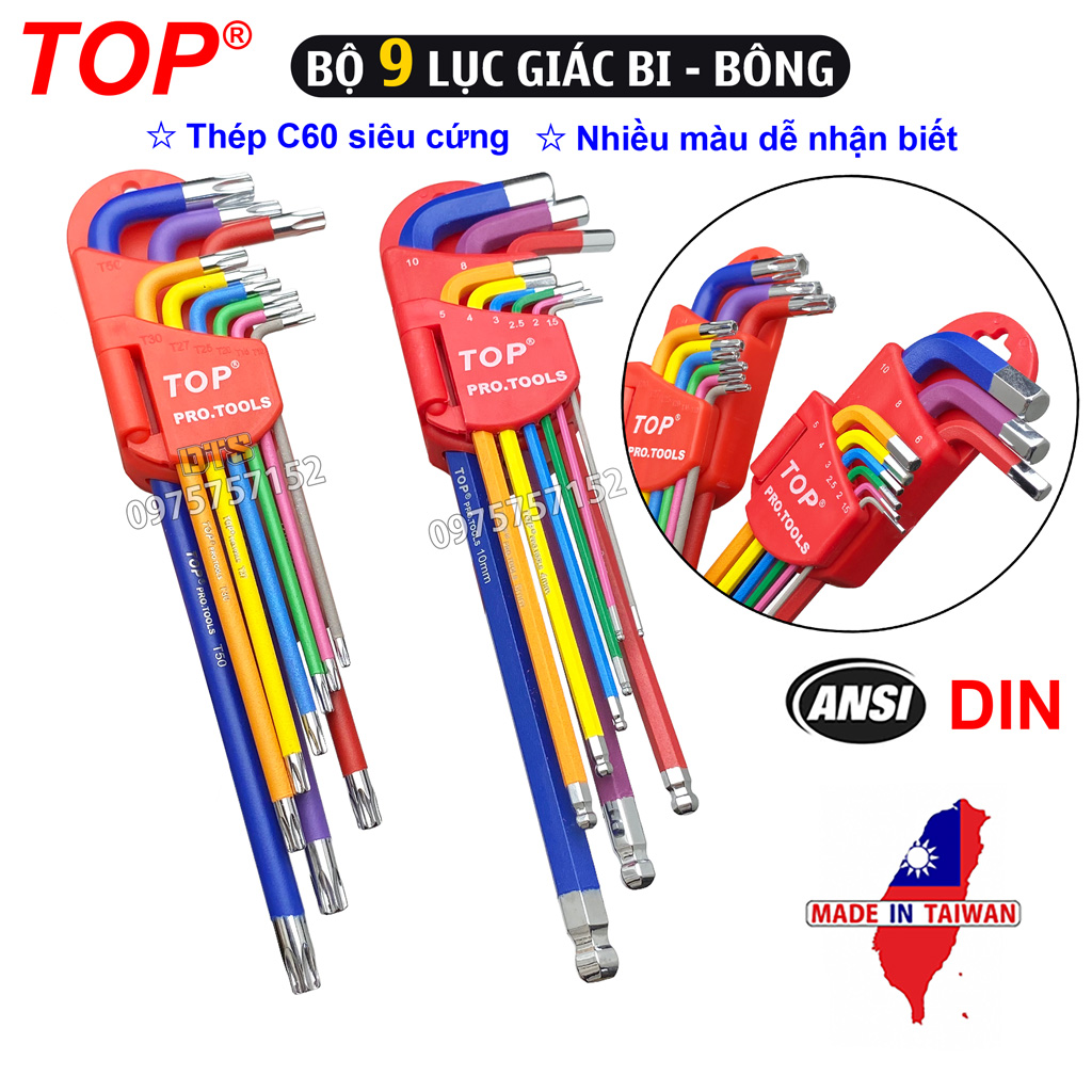 Bộ 9 cây lục giác bi - hoa thị xi màu hãng TOP PRO.TOOLS siêu bền bộ chìa lục giác bông mai có lỗ âm