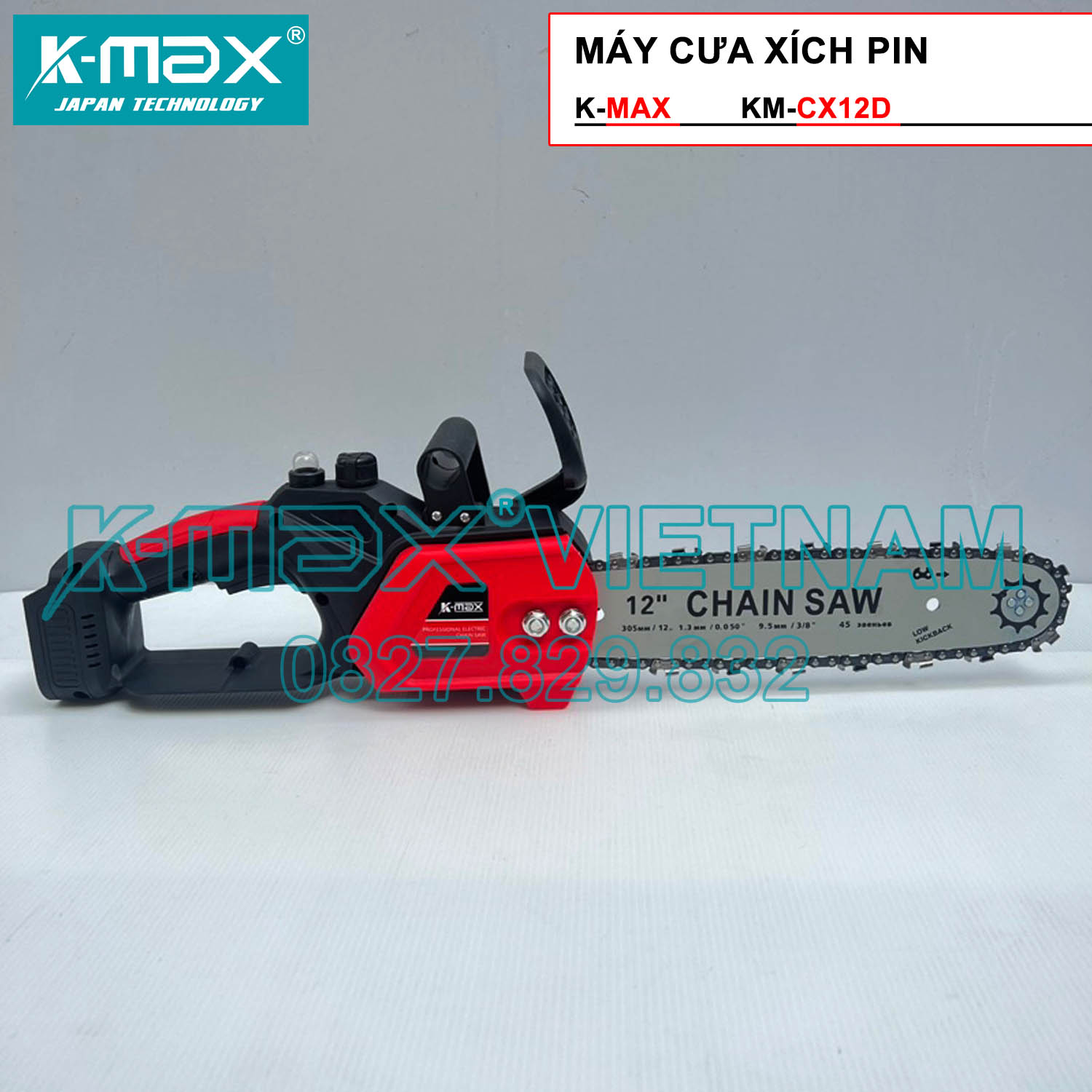 (Cưa xích 12IN) Máy Cưa xích Chính hãng KM-CX12D Công suất 2000w Pin chịu tải 65A Dùng chân pin Maki