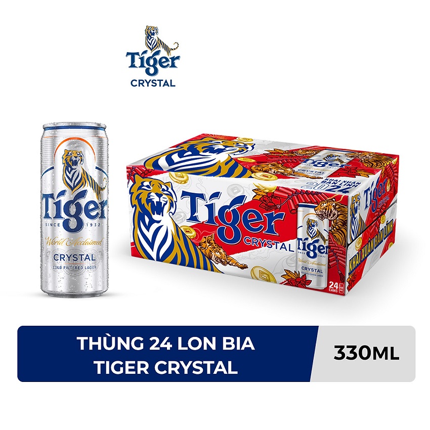 Thùng 24 lon bia Tiger Crystal 330ml/Lon - Bao bì xuân+Bao bì thường