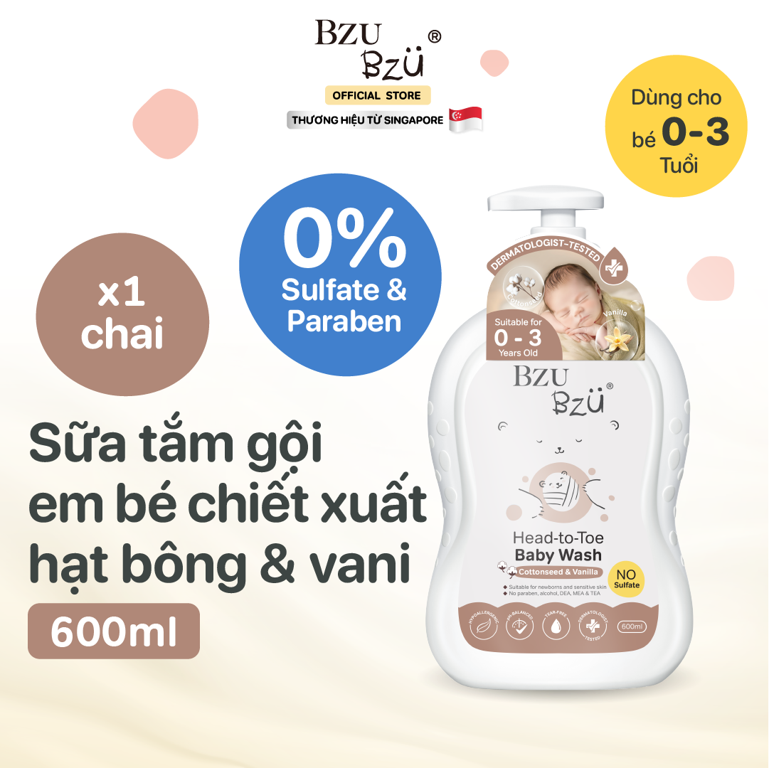Sữa Tắm Gội Toàn Thân Em Bé Dưỡng Da Phục Hồi Da Khô BZU BZU Baby Head to Toe Wash Làm Sạch Dịu Nhẹ 600ml