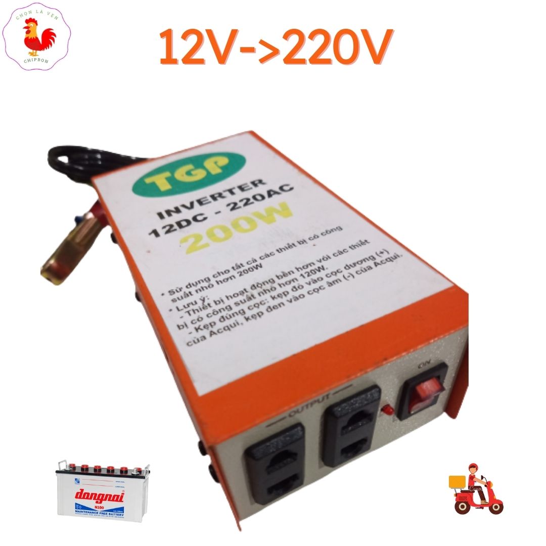 Bộ đổi điện 12V sang 220V 200W  chạy quạt sạc laptop tiết kiệm điện