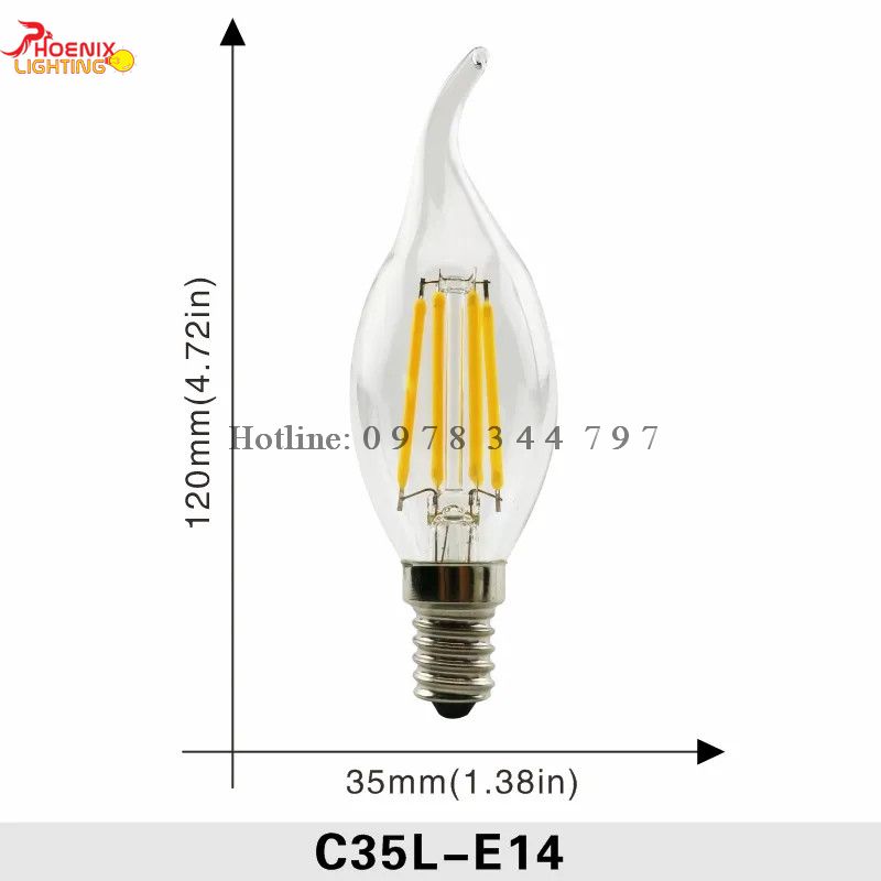 Bóng đèn LED Edison C35 4W, E14/E27, Kích thước 97x35mm, Màu vàng ấm 2700K