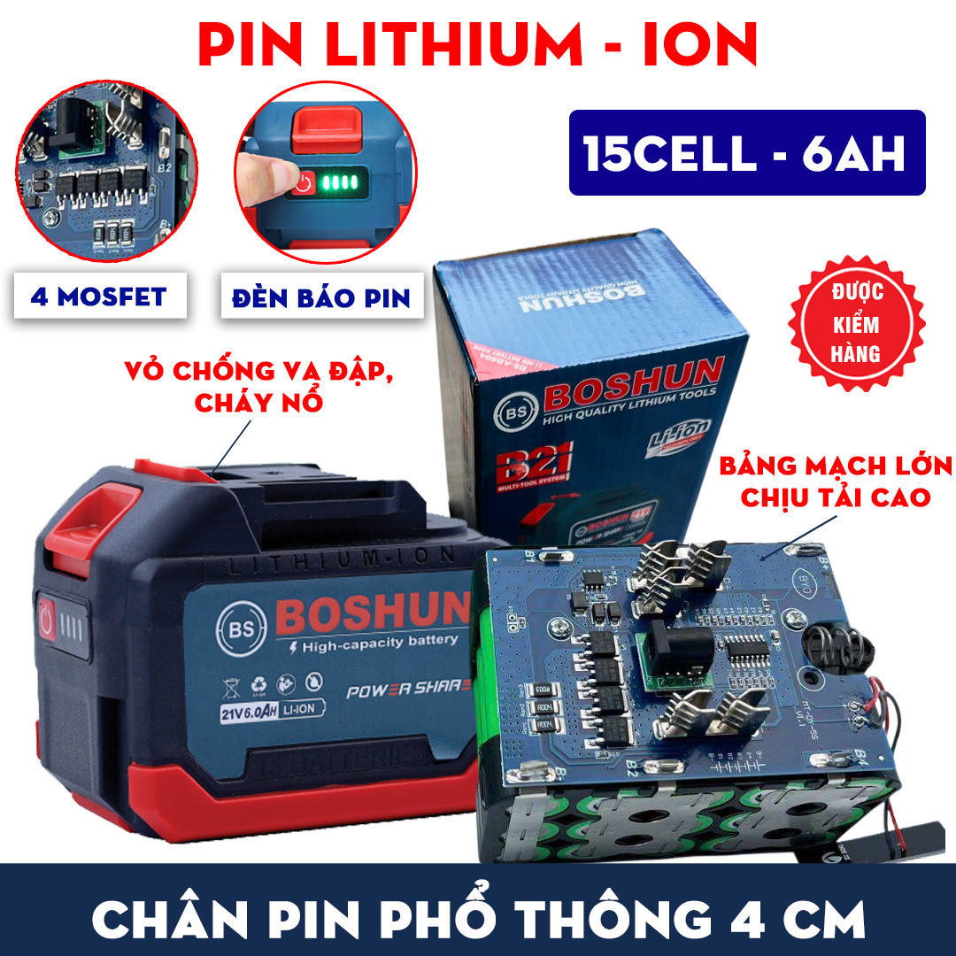 [TẶNG ĐẦU KHẨU] Máy Siết Bulong BOSHUN 380N Tặng Đầu Khẩu  - KHÔNG CHỔI THAN - 2 Pin 10 Cell - Máy S