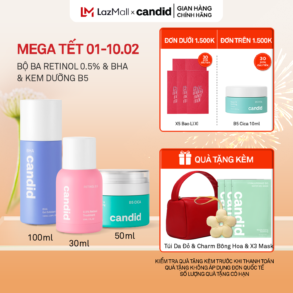 Bộ Ba Hỗ Trợ Cải Thiện Và Phục Hồi Da Candid Retinol 0.5% 30ml & Kem Dưỡng B5 Cica 50ml & BHA 100m