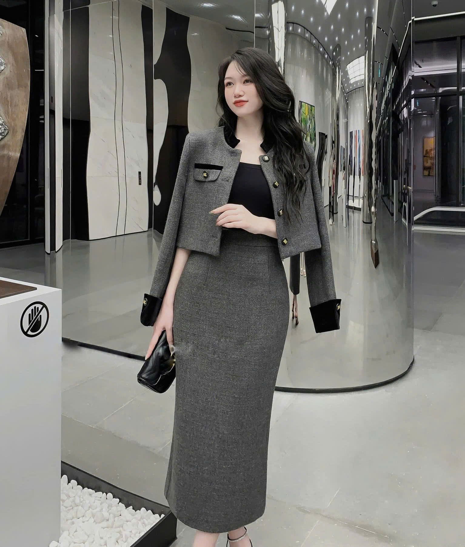 Sét Áo Chân Váy Dạ Áo Dạ Tweed Áo Khoác Dạ Cổ Tàu dáng ngắn tiểu thư áo cardigan Dạ bộ vest váy dài 