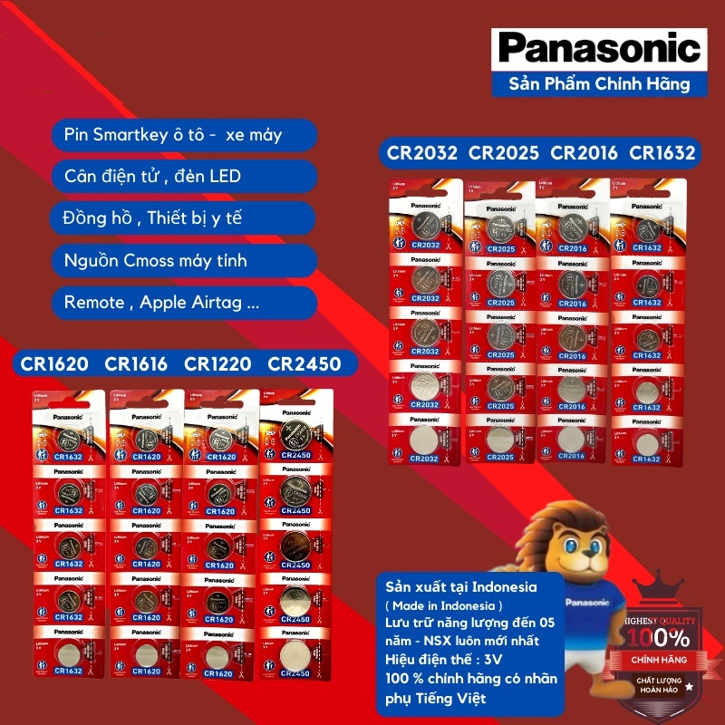 Pin nút Panasonic CR 2450 / CR2032 / CR2025 / CR2016 / CR1632 / CR1620 / CR1616 / CR1220 / CR1216 Pin Cmos 3V Lithium