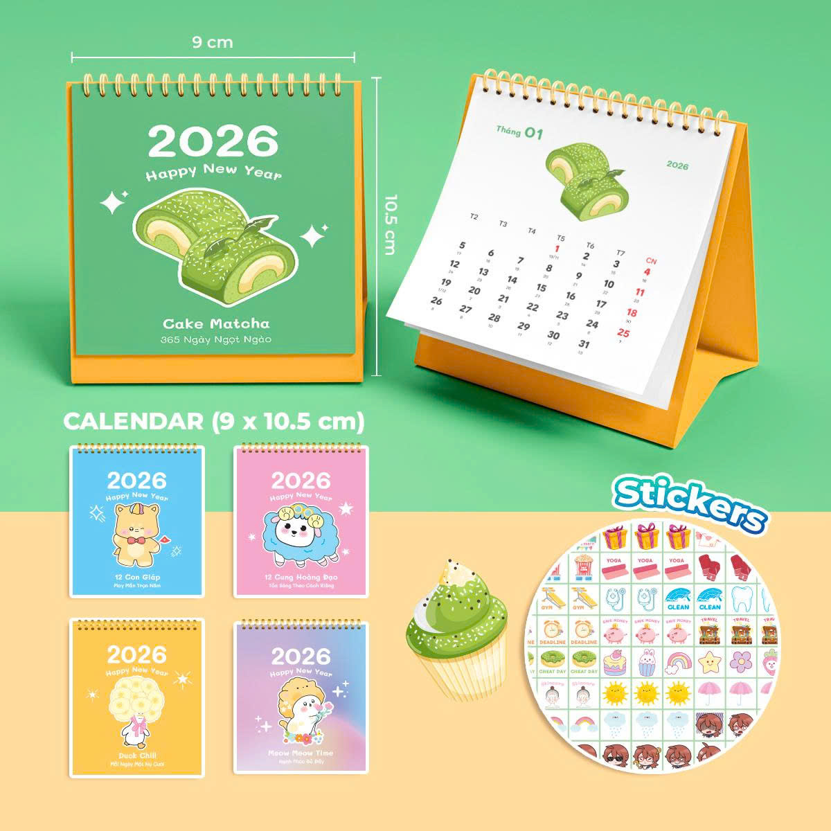 Lịch Để Bàn Mini 2026 – Bộ 5 Cuốn Lịch Có Note Kèm Sticker Trang Trí Dễ Thương (9x10.5cm) – ABBOOKS