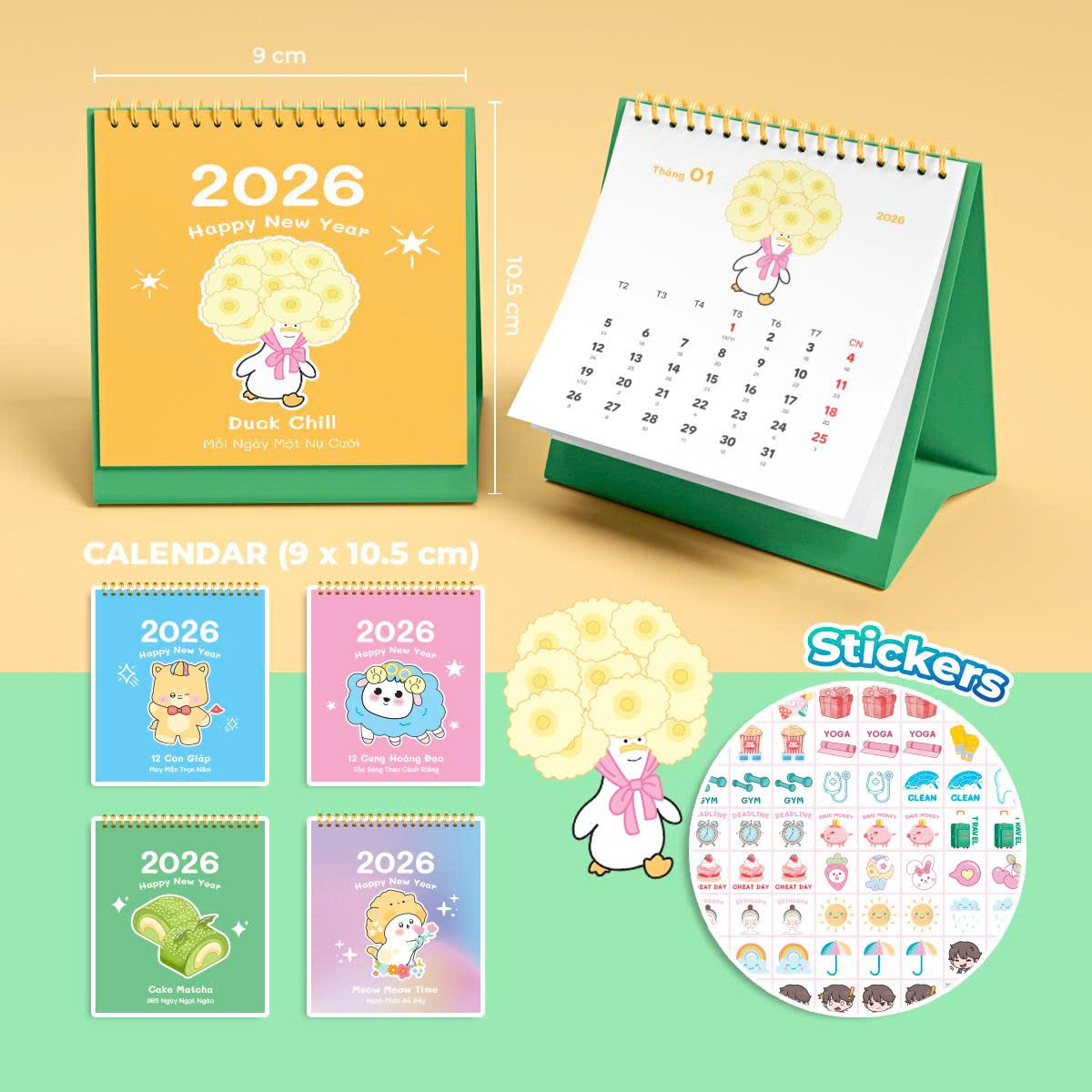 Lịch Để Bàn Mini 2026 – Bộ 5 Cuốn Lịch Có Note Kèm Sticker Trang Trí Dễ Thương (9x10.5cm) – ABBOOKS
