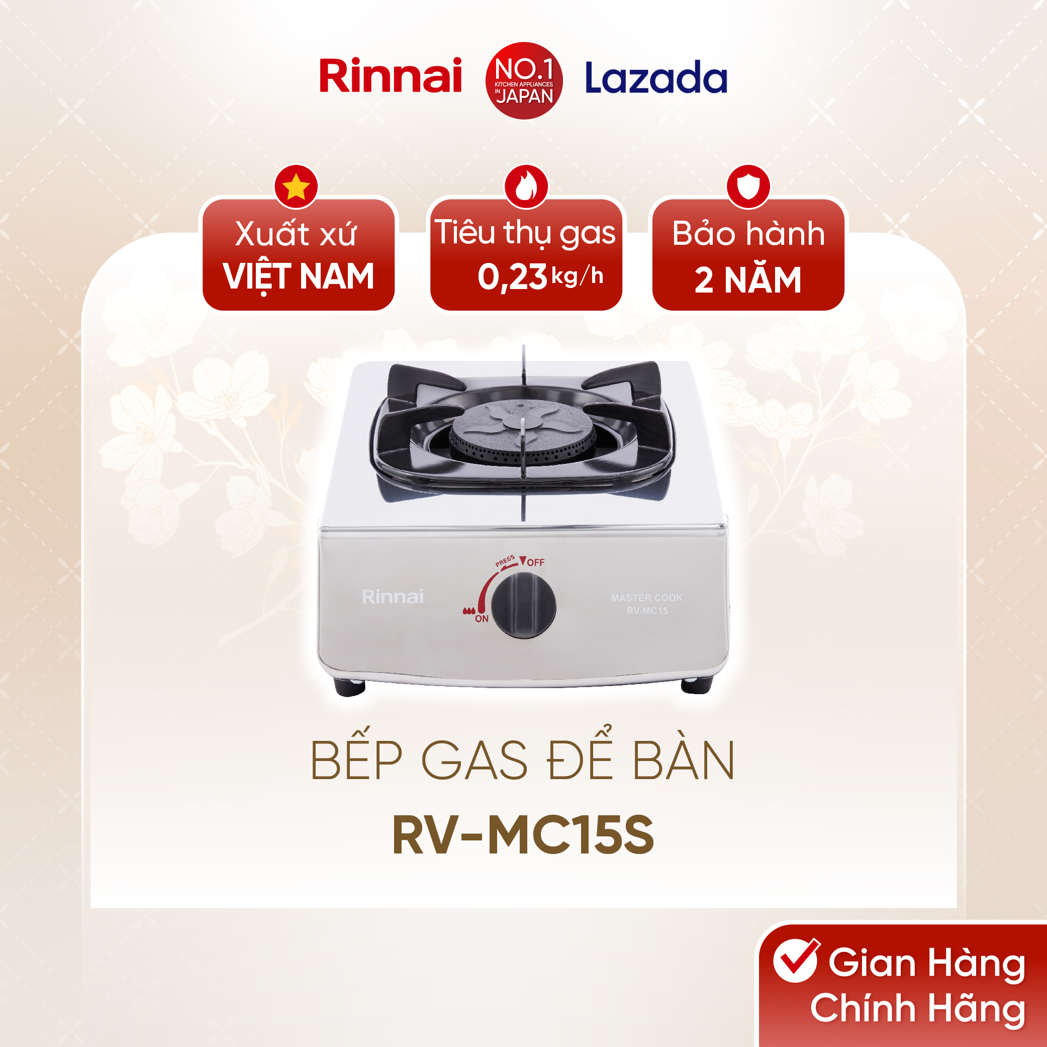 Bếp gas đơn Rinnai RV-MC15S mặt bếp inox và kiềng bếp men - Hàng chính hãng.