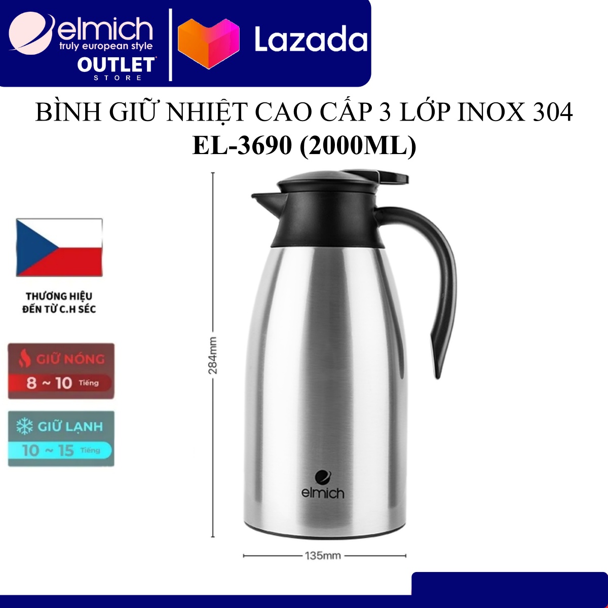 Bình đựng nước giữ nhiệt 2 lớp INOX 304 Tráng Bạc Elmich (Dung tích 1500ml 2000ML Giữ nóng 8 tiếng l