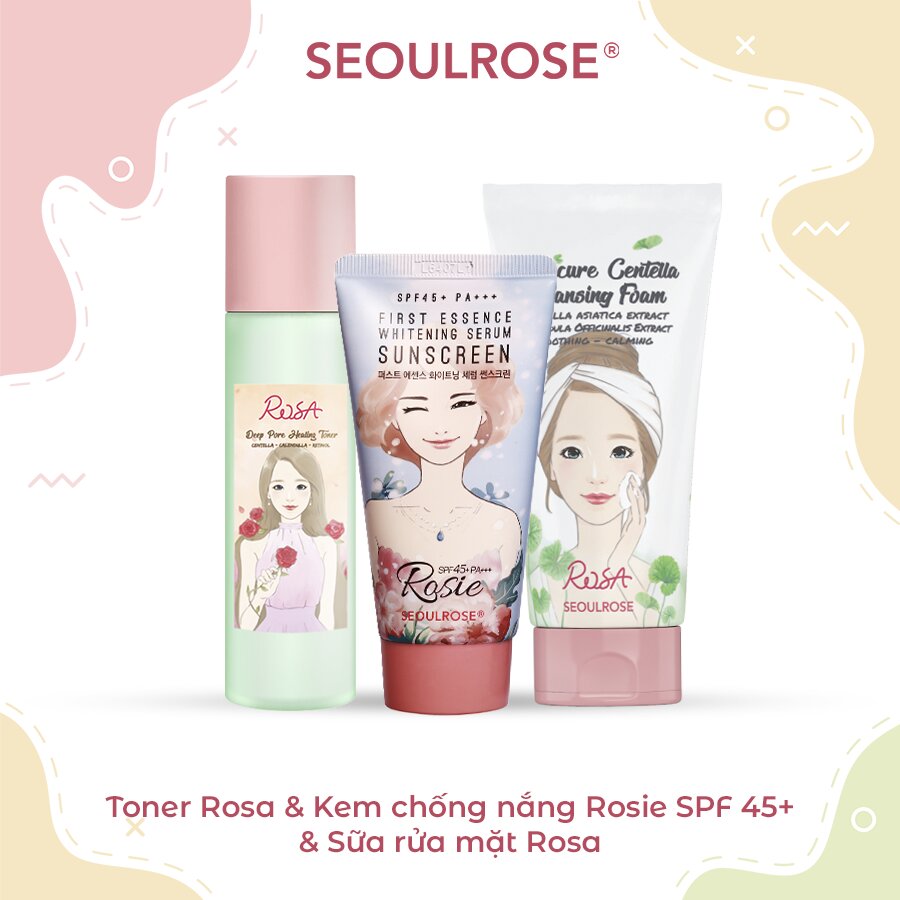 Bộ chăm sóc da buổi sáng sữa rửa mặt rosa nước hoa hồng rosa kem chống nắng rosie