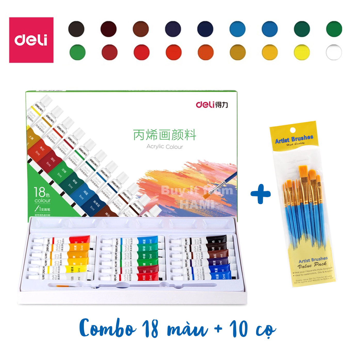 Màu acrylic dạng tuýp 5ml chuyên nghiệp Deli - dùng để vẽ vải / giày / tường - 12/18/24 màu - 73913 73914 73915