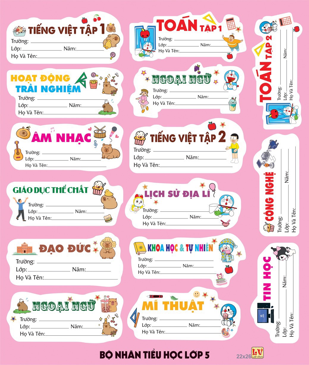 Combo 75 Nhãn Tem Môn Học Lớp 3- 4- 5 ( 75 Nhãn )