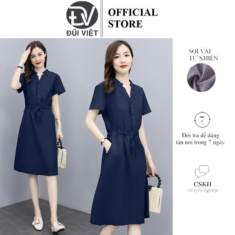 Đầm Linen suông nữ ngắn tay Váy sơ mi nữ cổ tàu có dây rút eo chất linen mềm cao cấp Đũi Việt