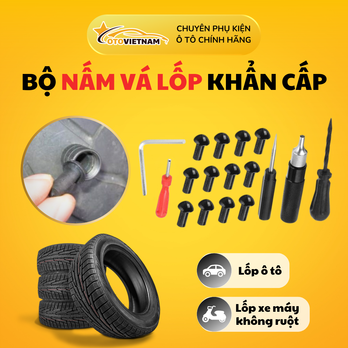 Bộ Nấm Vá Lốp/Vỏ Xe Otovietnam - Vá Lốp Ô Tô Xe Máy Không Ruột Nhanh Chóng và Hiệu Quả