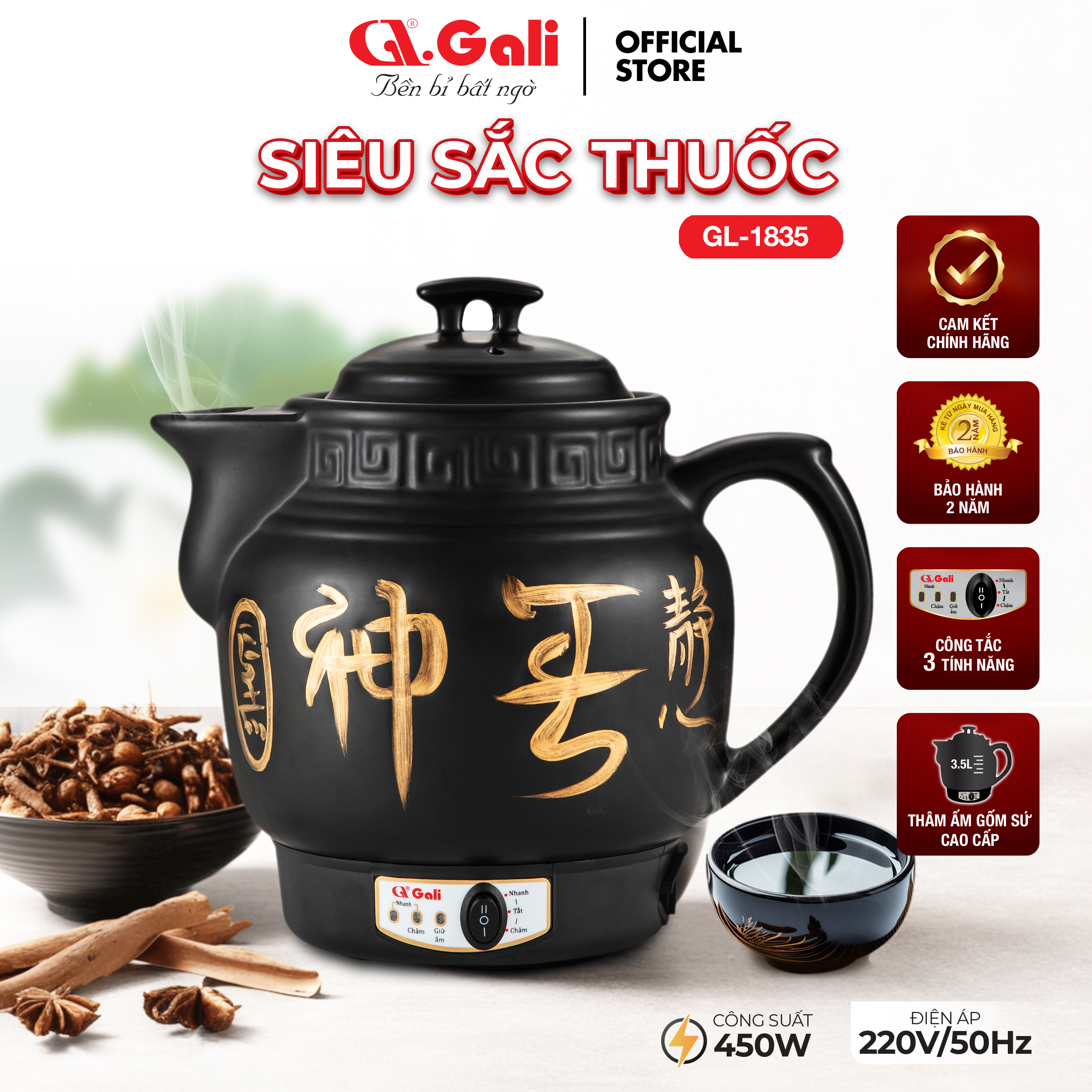 Siêu Sắc Thuốc Điện Gali GL-1835 3.5L – Gốm Nhật Cao Cấp Giữ Ấm Tự Động 2 Chế Độ Sắc An Toàn – Chính