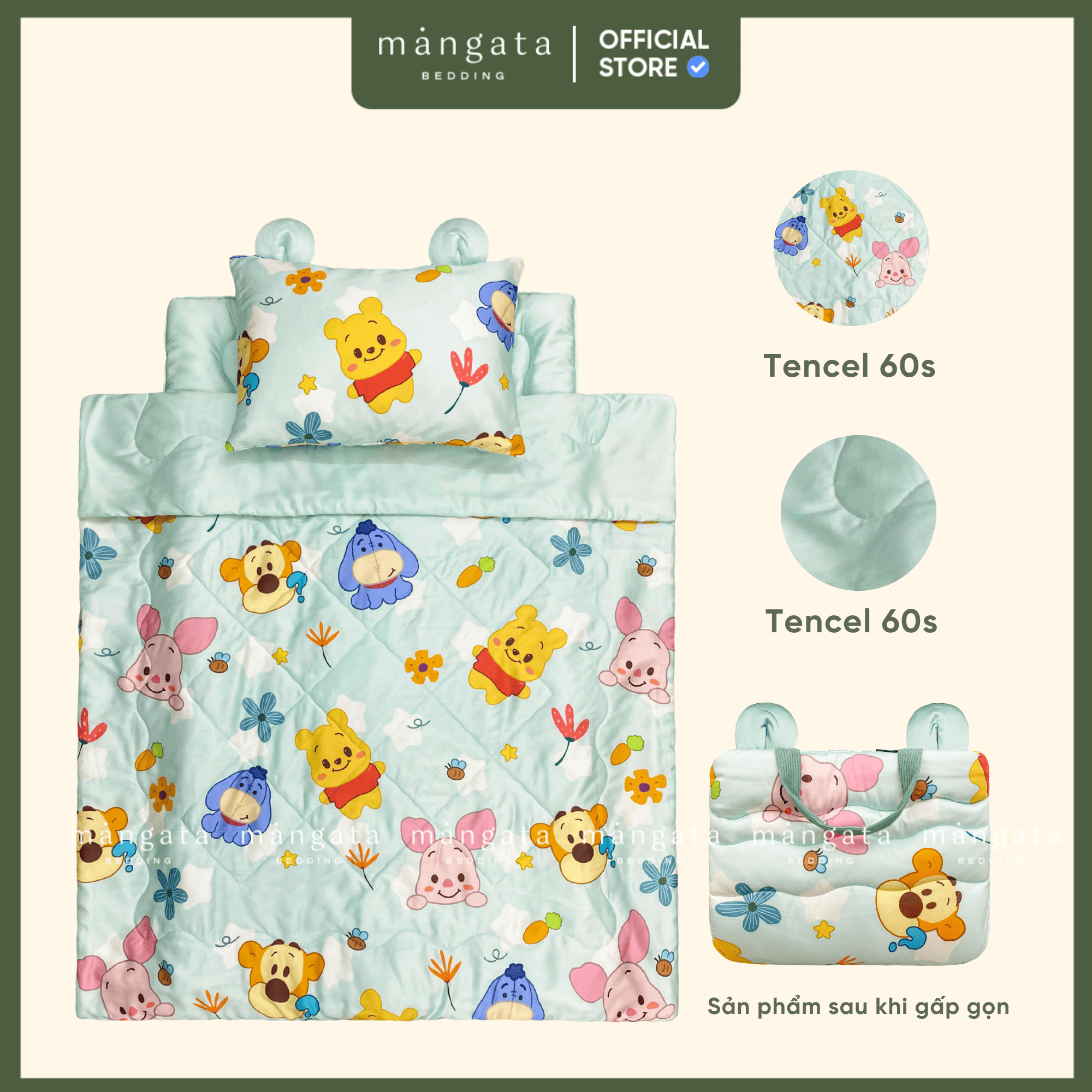 [ĐỆM CHẦN CỐ ĐỊNH -  Chăn to] Bộ chăn gối cho bé mầm non gấp gọn 5 trong 1 Mangata Bedding size 70x1