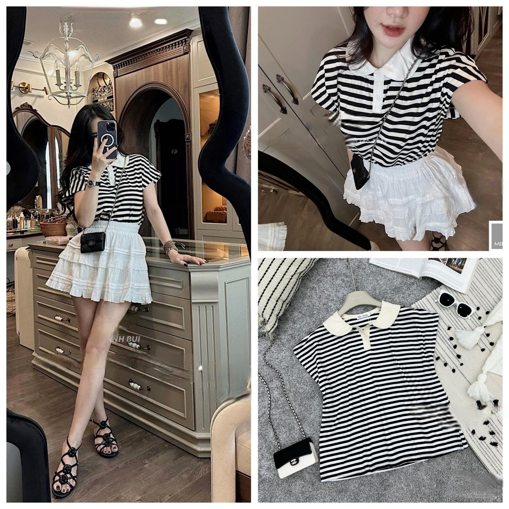 Áo polo nữ cổ bẻ cánh sen áo thun áo phông nữ tay cánh hến hoạ tiết kẻ sọc (có big size) TM32