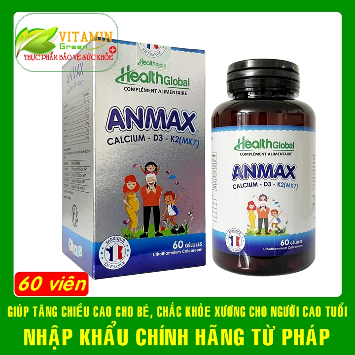 Canxi hữu cơ Health Global ANMAX bổ sung calci vitamin d3k2 giúp tăng chiều cao cho bé (60 viên) | N