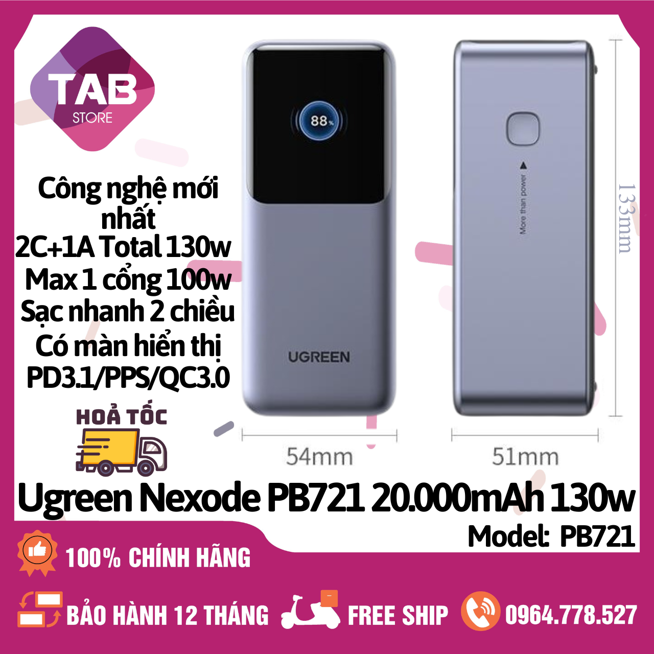 Sạc Dự Phòng UGREEN Nexode PB721 20000mAh 130W 3 Cổng Chính Hãng - Bảo Hành 12 Tháng