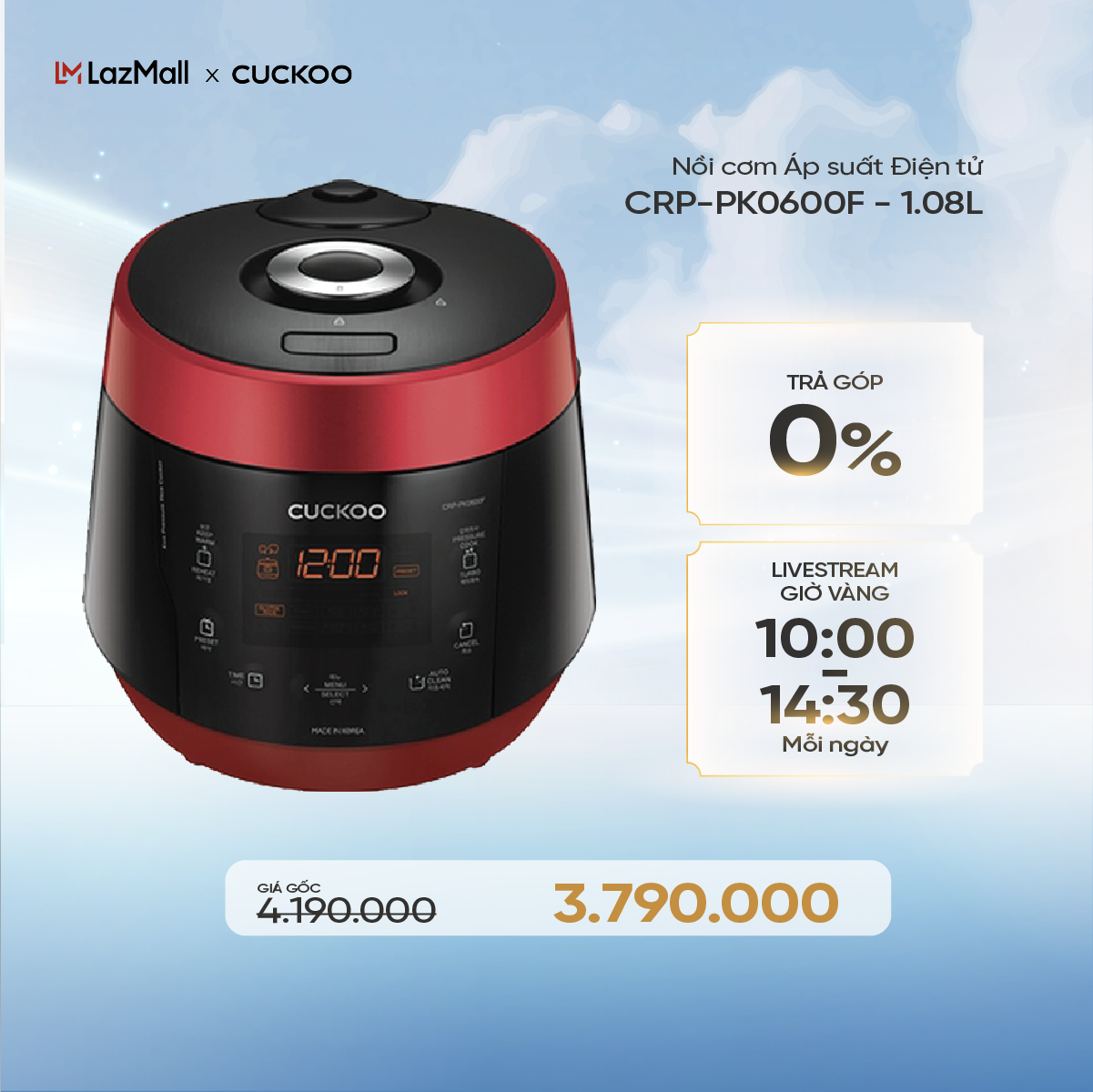 Nồi cơm điện tử áp suất Cuckoo 108 lít CRP-PK0600F - Bảng điều khiển tiếng Anh - Lòng nồi chống dính