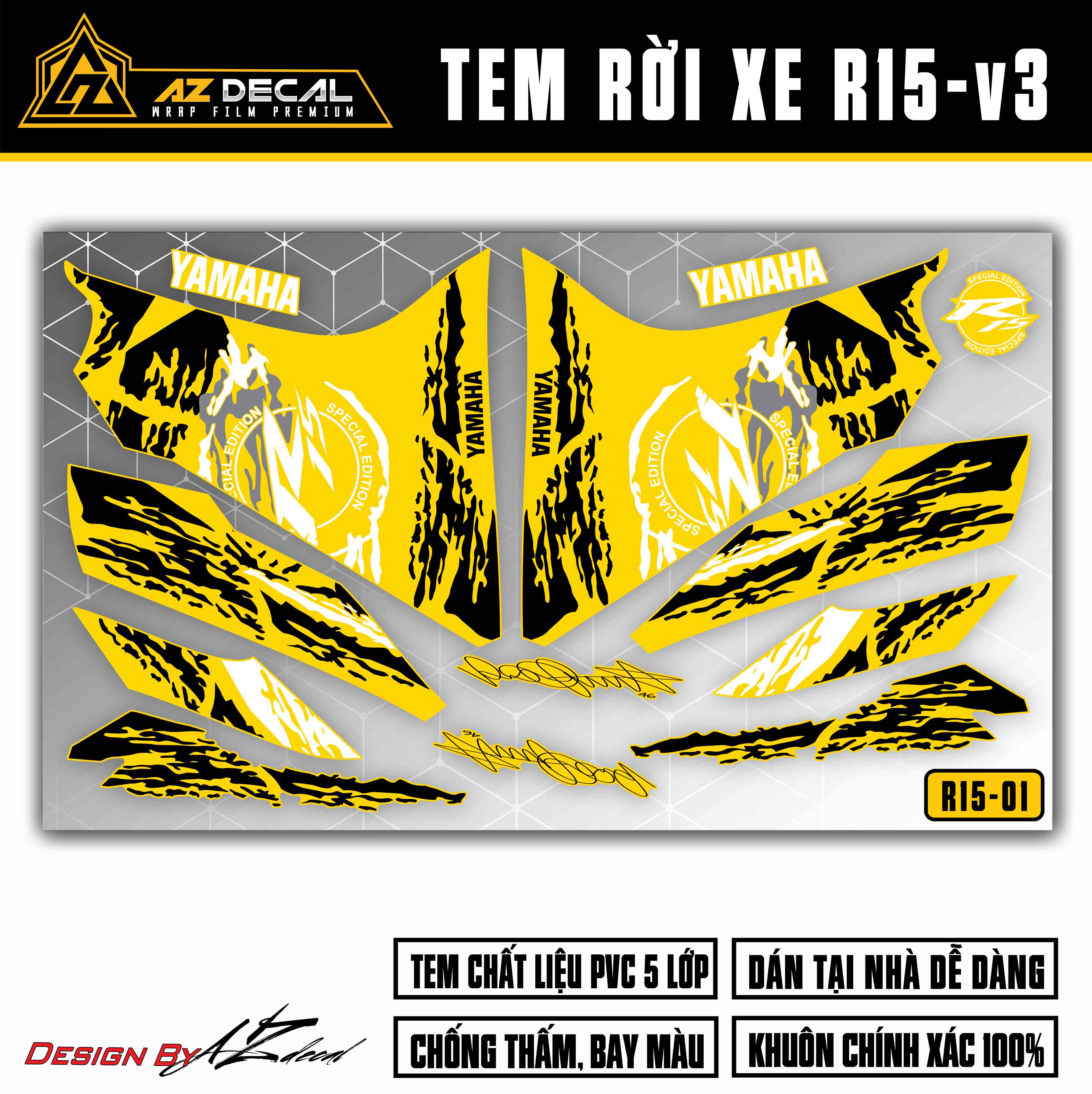 Tem Xe R15V3 Mẫu Special Edition | R15V301 | Decal Rời Dán Xe R15 Màu Đen Đỏ Vàng Xanh GP Xám - Azdecal