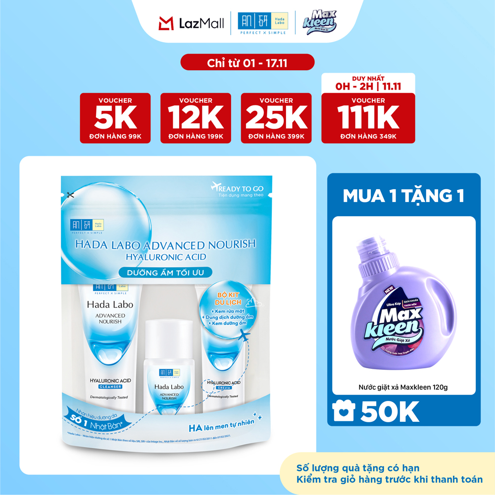 Bộ travel size dưỡng ẩm sâu Hada Labo Advanced Nourish Travel kit (Kem rửa mặt 15g + Dung dịch dưỡng