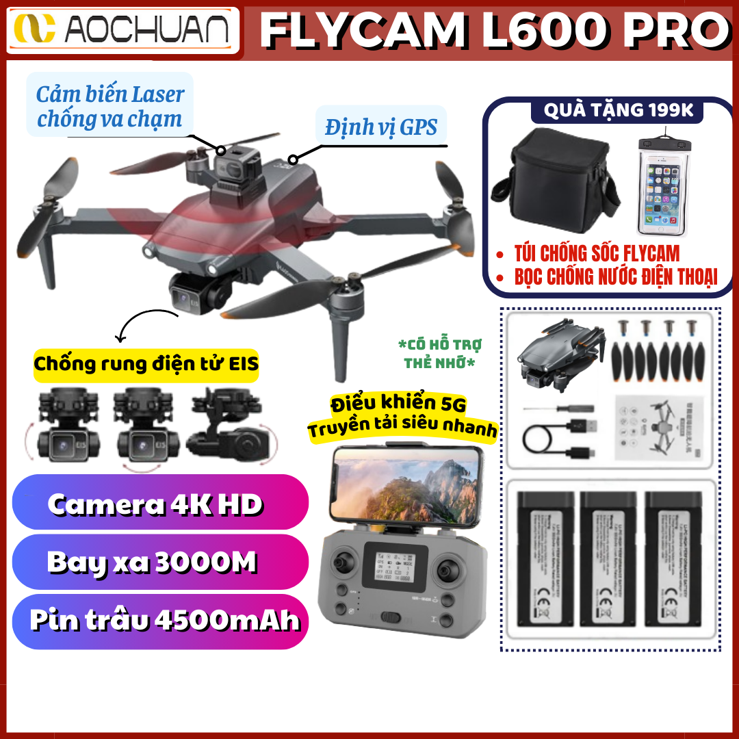 Máy Bay Flycam L600 Pro Max-Drone Camera 4k-Máy Bay Điều Khiển Từ Xa- Flycam Định Vị GPS Tự Quay Về-Play Camera Cảm Biến Chống Va Chạm Gimbal Chống Rung 3 Trục Động Cơ Không Chổi ThanBay Xa 3000m_FLYCAM CHÍNH HÃNG AOCHUAN