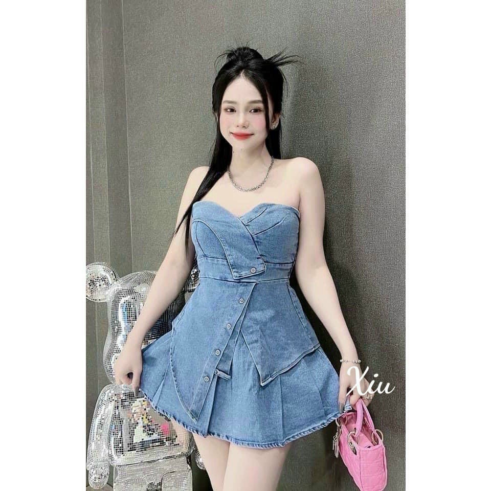 Set bộ jean năng động áo cúp ngực mix chân váy xếp li Set thời trang đi chơi chất jeans áo kiểu cúp 