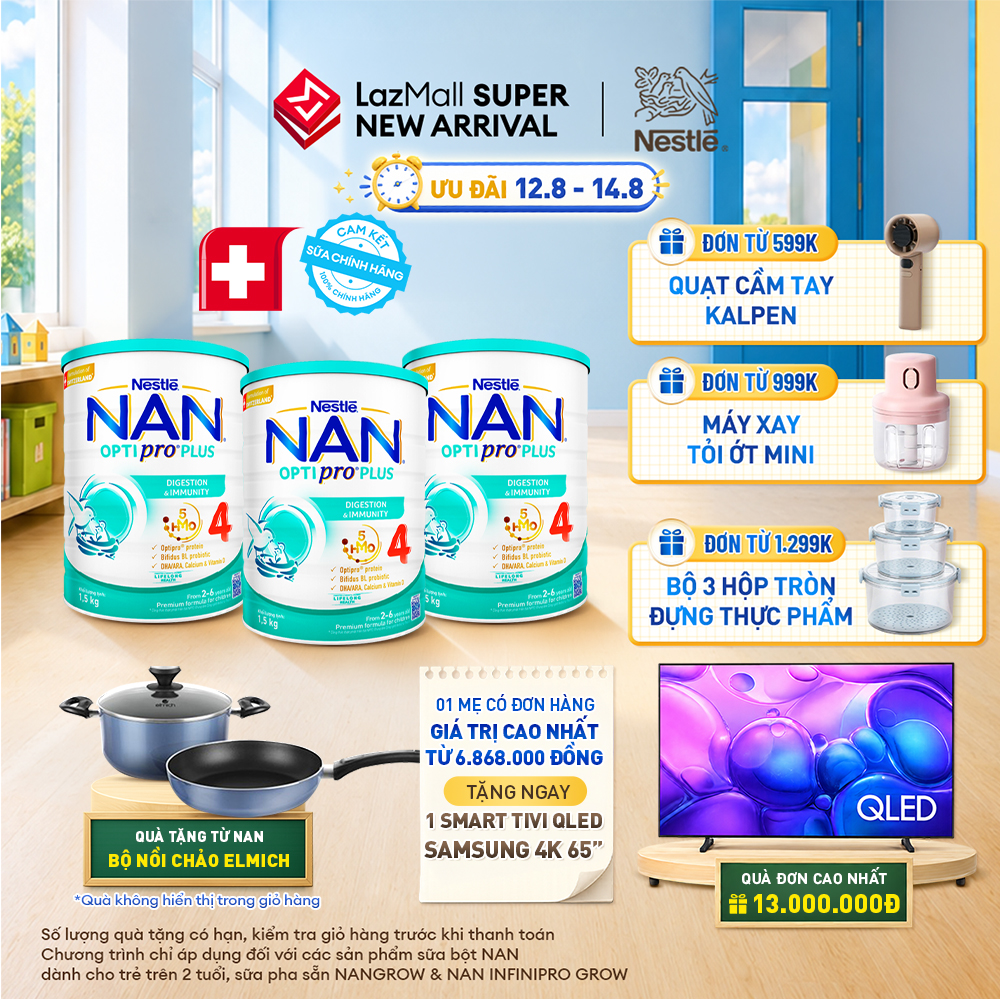 [CHỈ 12-14.08 QT ĐƠN 599K/999K/1299K] [Tặng Set Nồi Chảo Elmich] Bộ 3 lon Sữa Bột Nestlé NAN OPTIPRO PLUS 4 1500g Cho Bé 2 - 6 Tuổi: Công Thức Độc Quyền Nhập Khẩu Từ Thụy Sỹ Chứa Phức Hợp 5-HMO