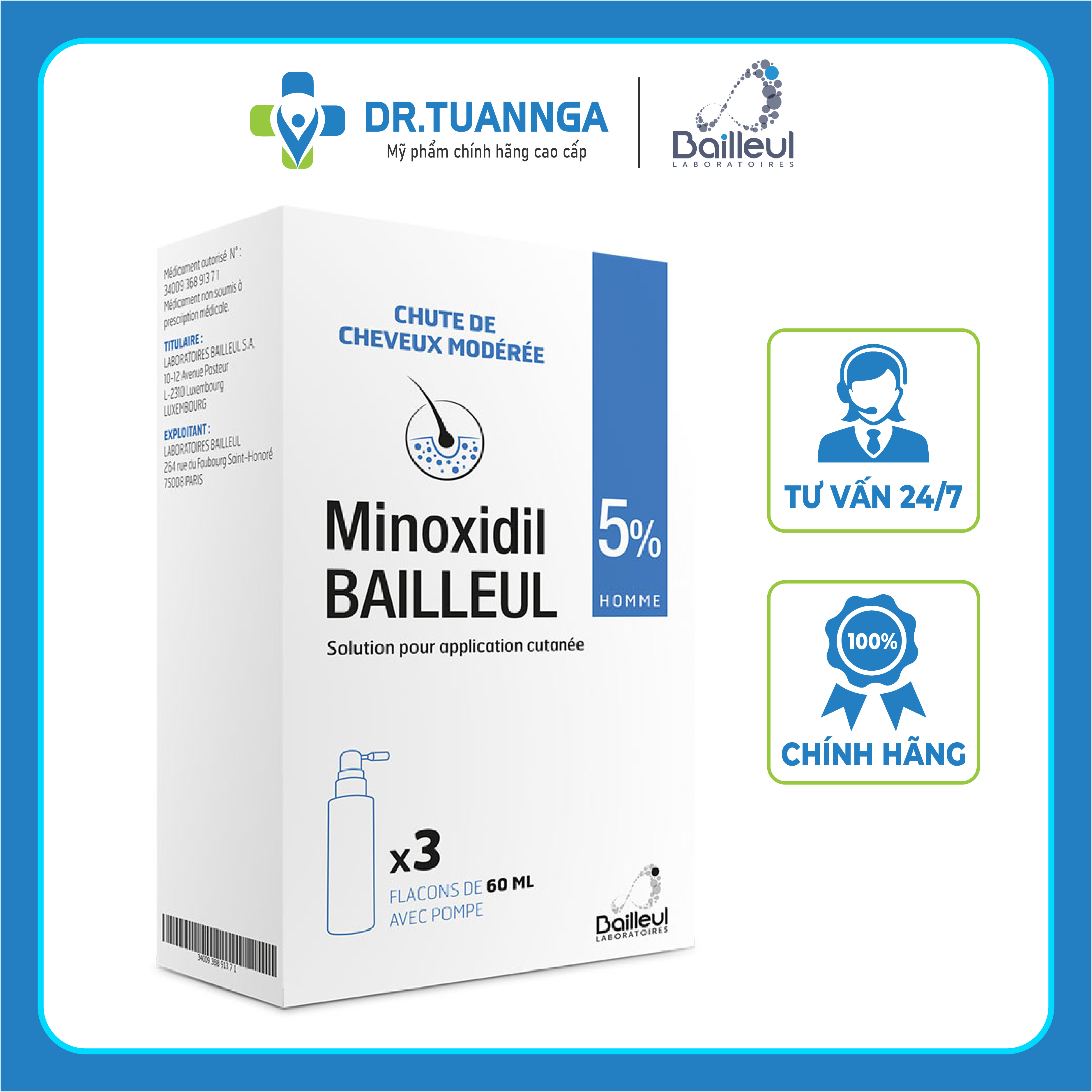 Xịt mọc tóc ngăn rụng tóc Minoxidil Bailleul 5% - Hộp 3 lọ 60ml