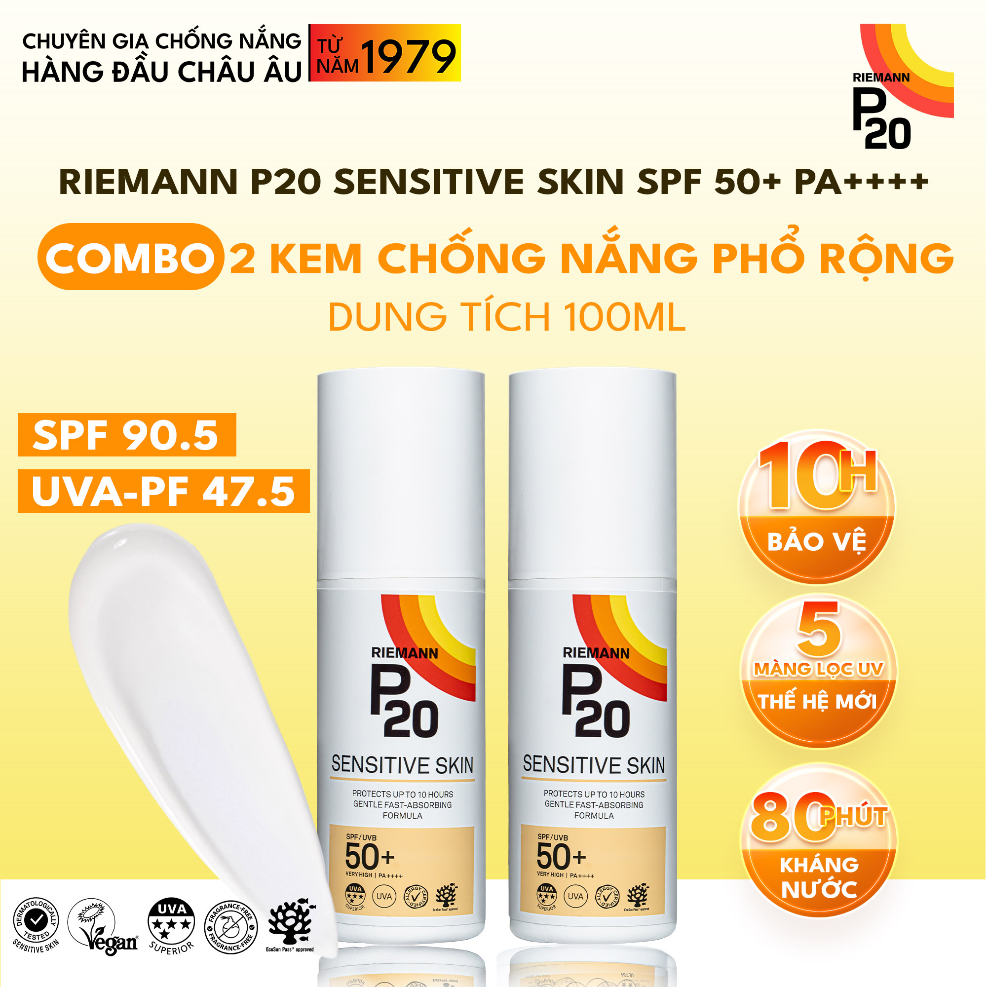 Combo 02 Kem chống nắng phổ rộng Riemann P20 Sensitive Skin SPF 50+ PA ++++ 100ml dành cho mọi loại 