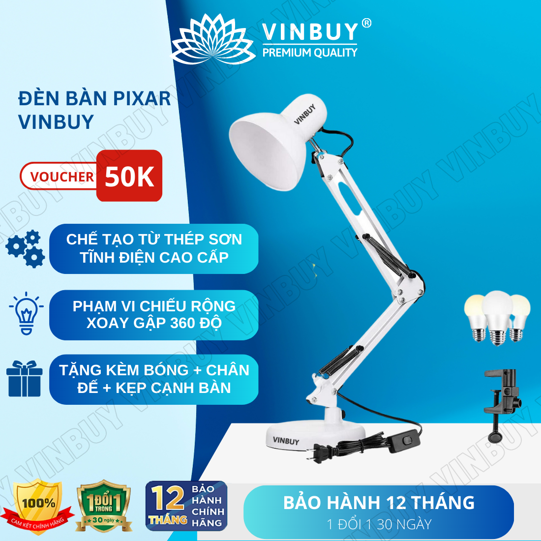 Đèn kẹp bàn học đèn bàn làm việc Pixar đọc sách chống cận bảo vệ mắt tặng đế 01 bóng đèn - Hàng chính hãng VINBUY