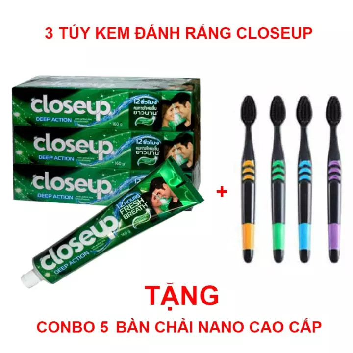 [ SIÊU SALE ] Combo 3 Tuýp Kem đánh răng Closeup Thái Lan tặng 5 bàn chải than hoạt tính cao cấp