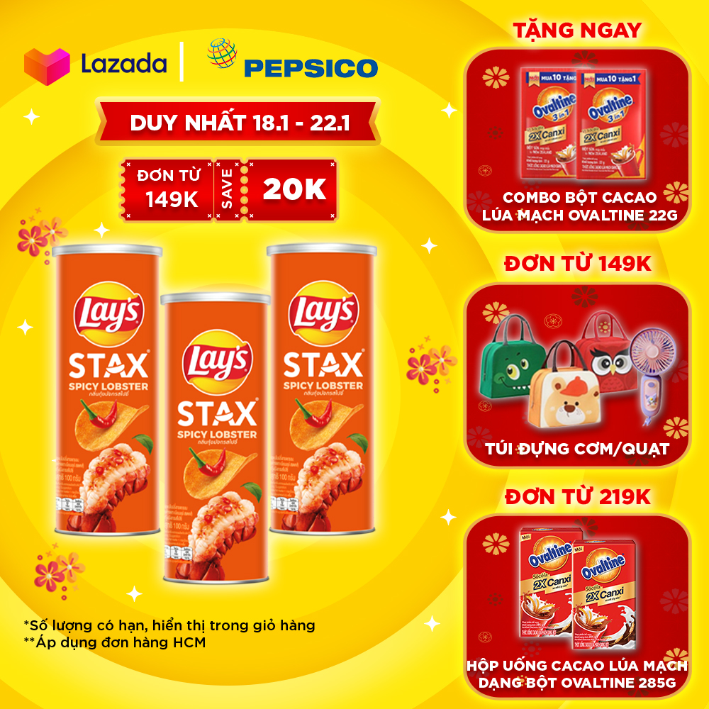 [Deal Tết 2025 tặng Ovaltine] Combo 3 lon Snack Khoai Tây Miếng Lays Stax Vị Tôm Hùm Nướng Ngũ Vị (3