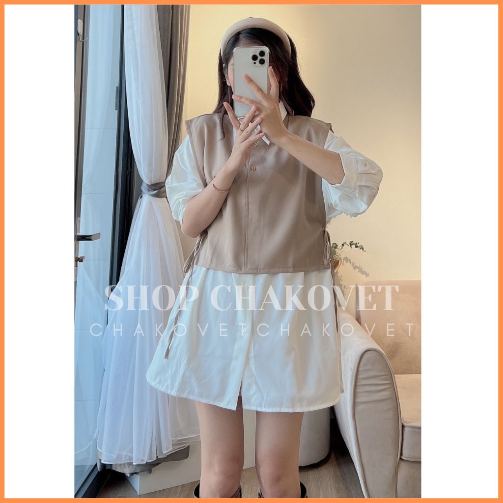 Set áo sơ mi nữ phối Gile Ulzzang Áo sơ mi trắng Mix yếm Gile đen buộc nơ 2 bên hông thời trang Thu 