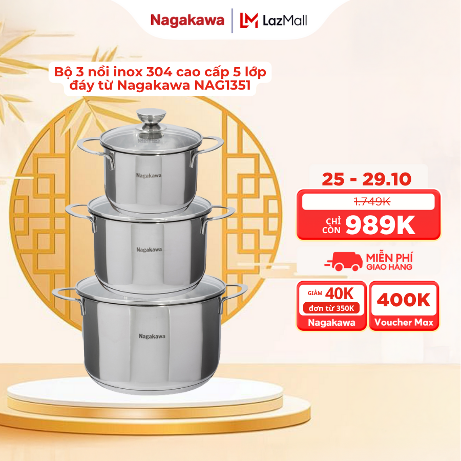 Bộ nồi inox Nagakawa NAG1351 5 đáy từ inox 304 bắt nhiệt nhanh 3 kích thước 16cm 20cm 24cm dùng cho