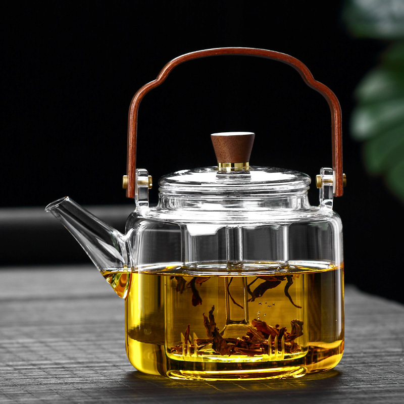 Ấm thủy tinh pha trà quai gỗ có lõi lọc thủy tinh 1000 ml