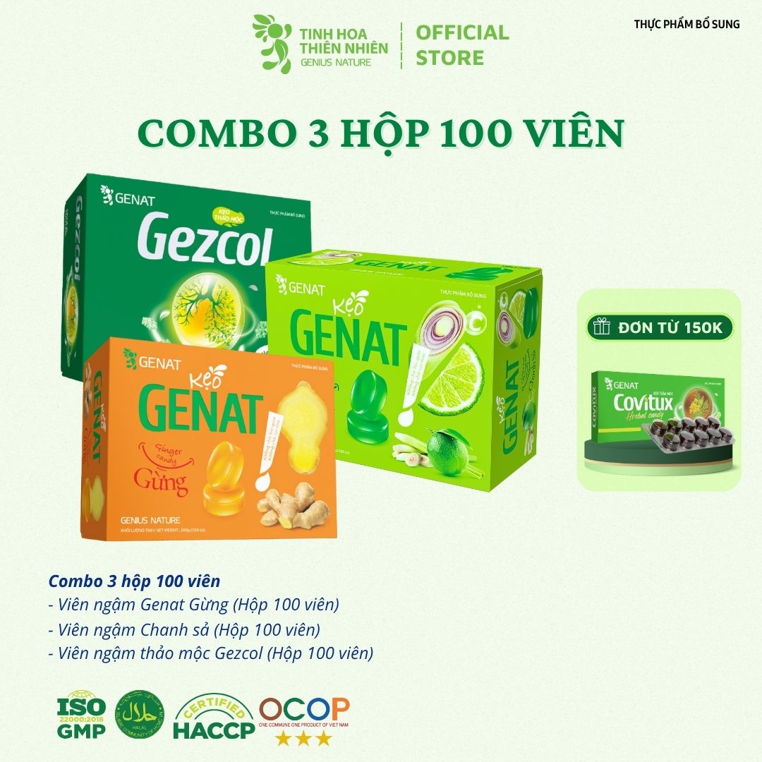 Combo 3 loại hộp 100 viên - Kẹo thảo mộc Gezcol - Kẹo Genat Gừng - Kẹo ngậm Chanh sả - Genat - Tinh 