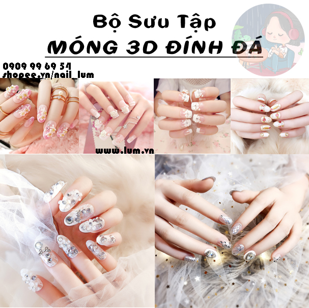 Móng Giả - Nail 3D Dài - Đính Đá [Sẵn Keo - Đóng Hộp 24 Mẫu Đủ Size] - Bst