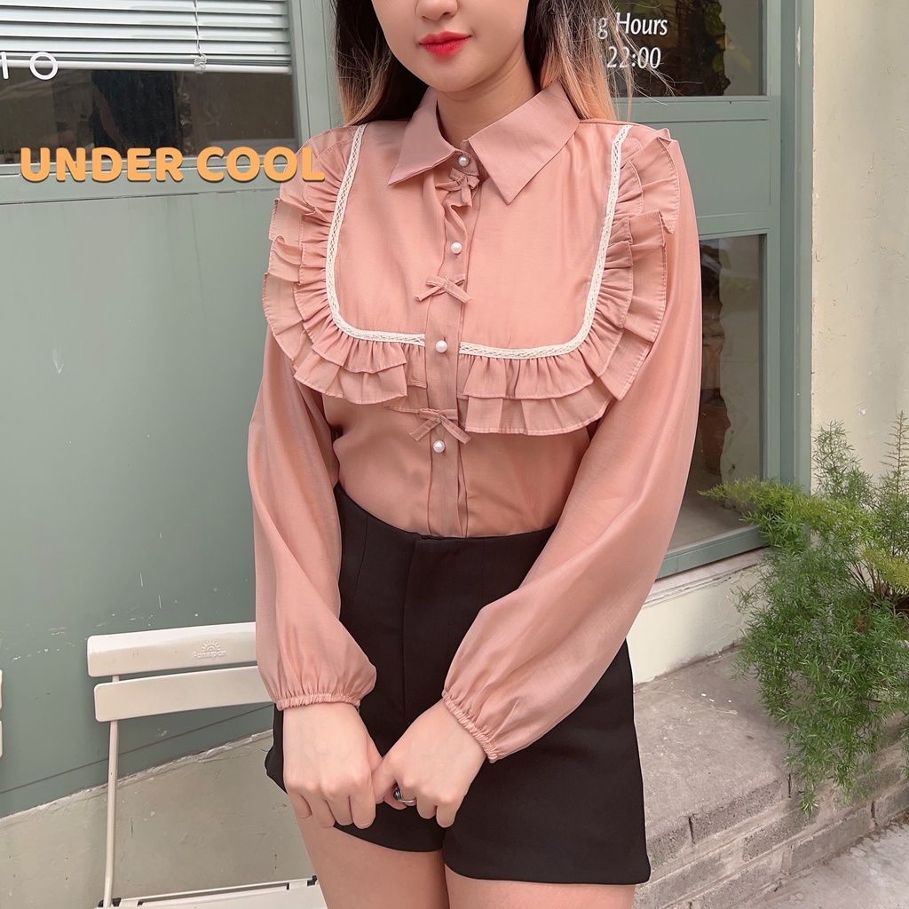 Áo Sơ Mi Nữ Cổ Bẻ UNDERCOOL Viền Bèo Phối Nơ Ngực