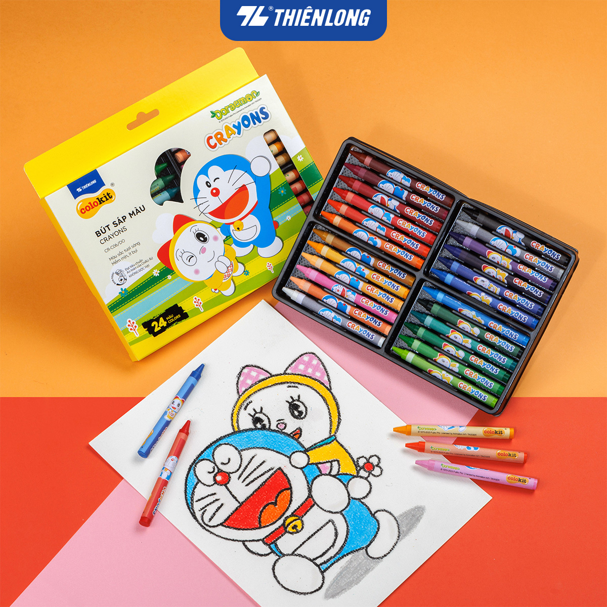 Hộp 24 sáp màu Thiên Long Colokit Doraemon CR-C06/DO màu tươi sáng an toàn cho bé tô màu